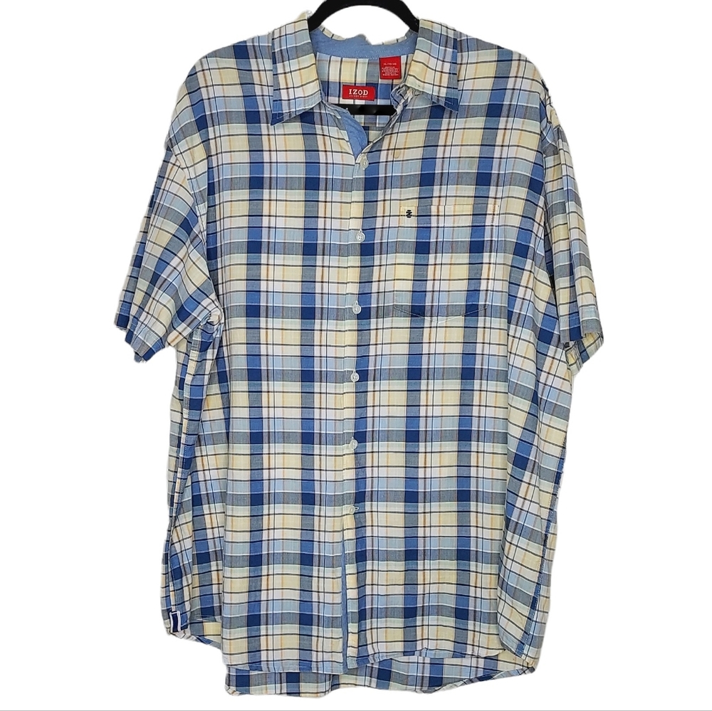 Izod Madras Plaid Button Down Short Sleeve Shirt Size XL